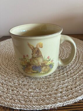Cracker Barrel Beige Bunny Floral Ceramic Coffee Mug